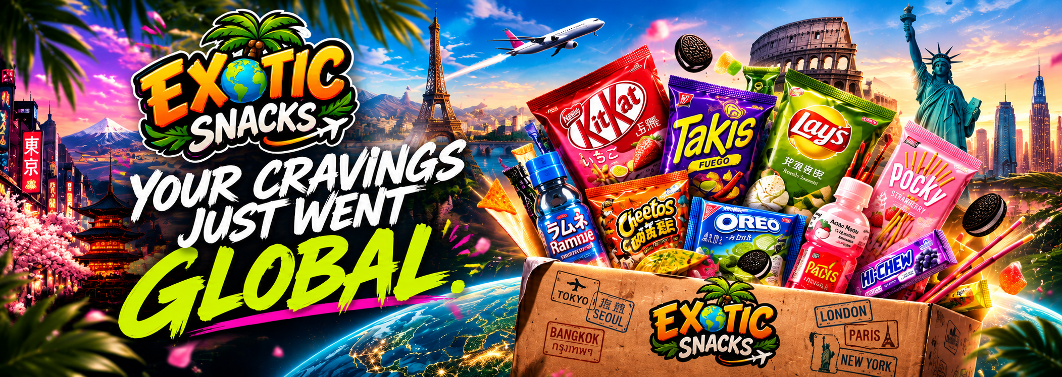 Exotic Snacks, Your Cravings Just Went Global. A box of exotic snacks from around the world, KitKat, Takis, Lay's, Pocky, Oreo, Ramune, with world landmarks.
